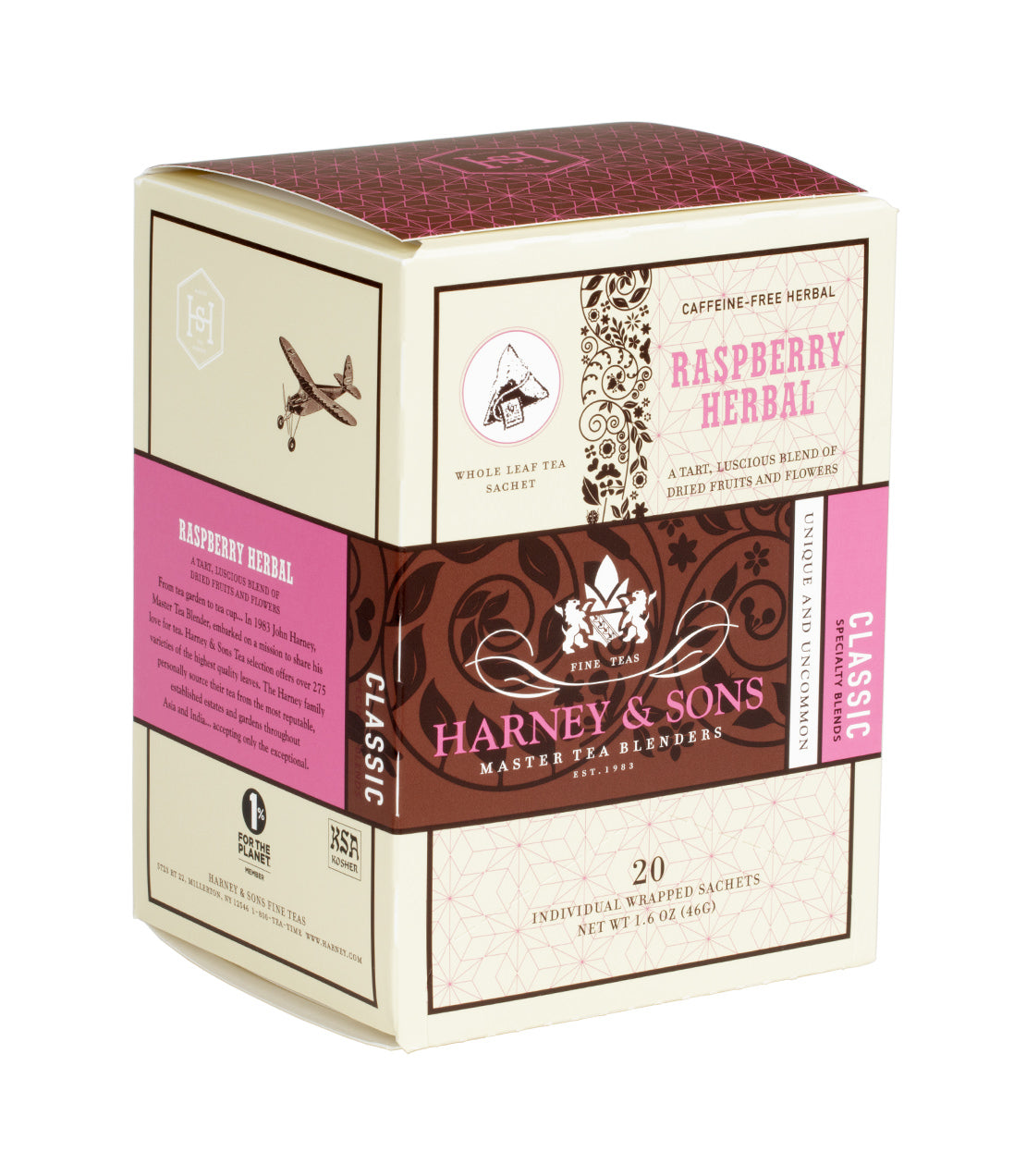 Harney and Sons Raspberry Herbal - Individually Wrapped Silken Sachet- 20 Sachets in Box - Vooco SG, Singapore