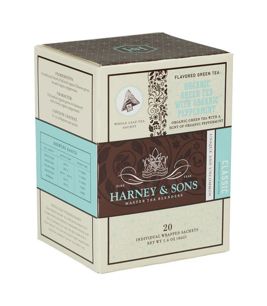 Harney and Sons Organic Green with Organic Peppermint - Individually Wrapped Silken Sachet- 20 Sachets in Box - Vooco SG, Singapore