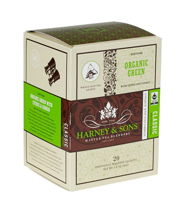 Harney and Sons Organic Green with Citrus & Ginkgo - Individually Wrapped Silken Sachet- 20 Sachets in Box - Vooco SG, Singapore